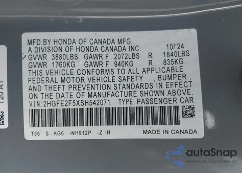 2025 Honda Civic Sport from USA, damaged, VIN 2HGFE2F5XSH542071